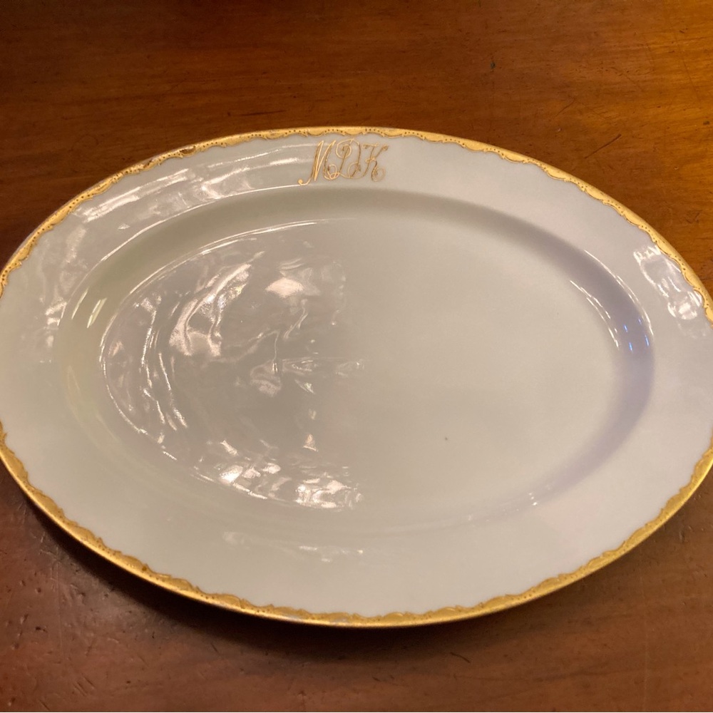 French Limoges Porcelain serving platter gloss white border with gold monogram